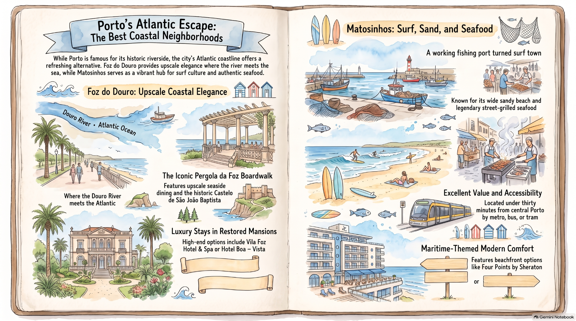 Hand-drawn travel guide spread showing Porto and Matosinhos coastlines, beaches, seafood, surf, and transport icons.