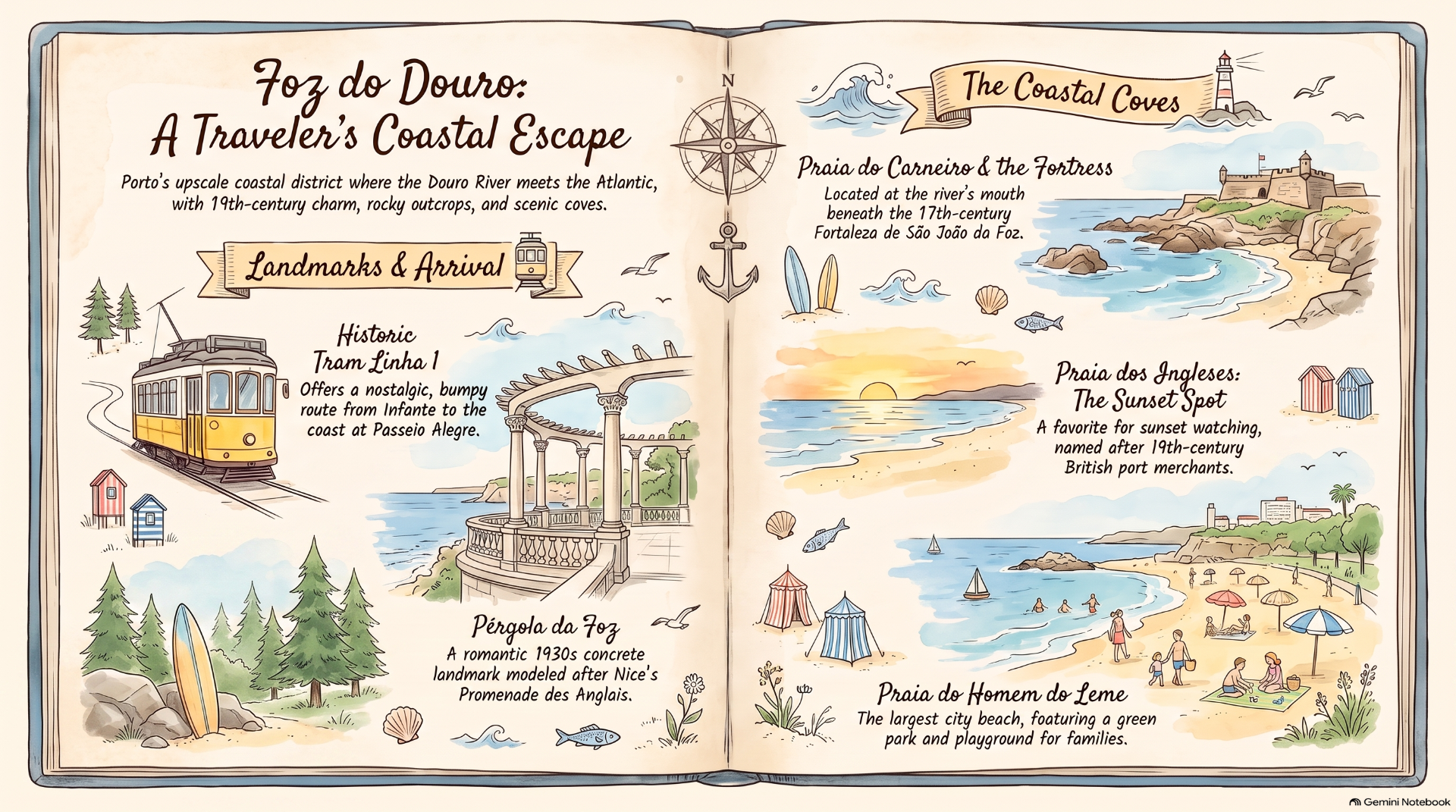 Illustrated open travel brochure map of Porto’s coast, beaches, lighthouse, train, and labeled landmarks.
