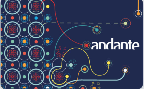 Andante card of metro Porto -Abstract blue background with colorful circular icons and a central “andante” logo.
