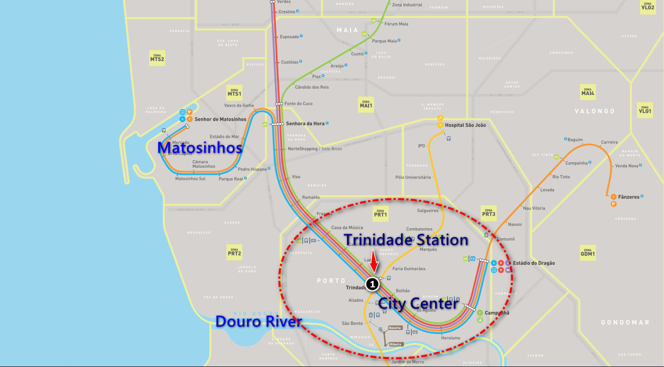Map of Porto area highlighting Trindade Station and City Center with numbered marker and route lines.