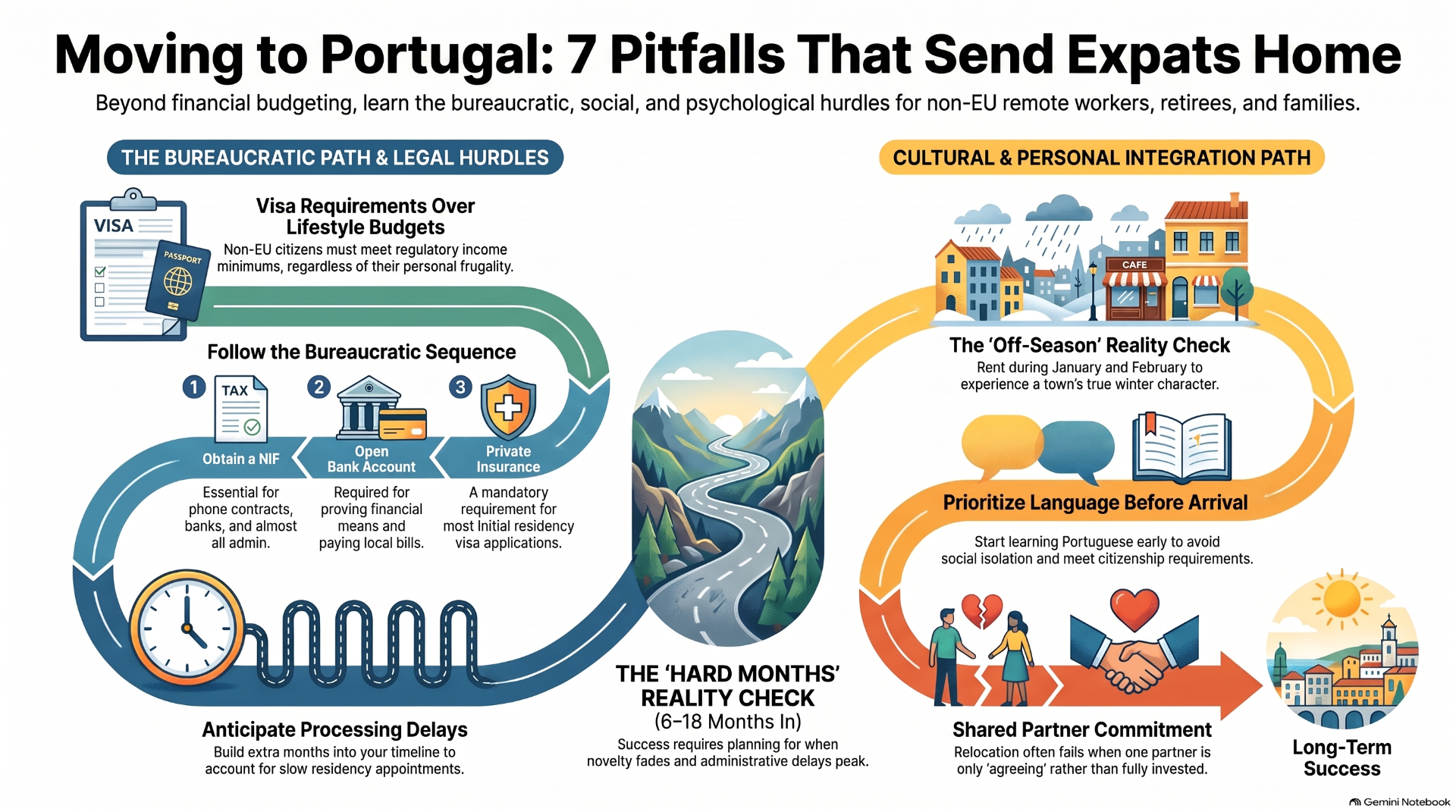 Infographic about moving to Portugal, showing visa steps, cultural integration tips, and winter reality check.