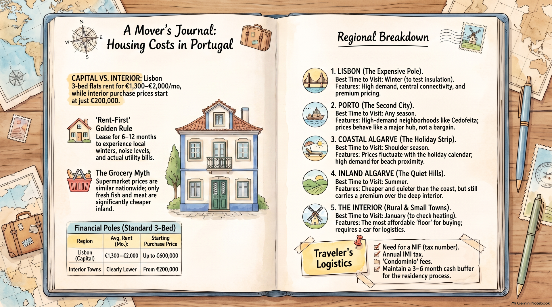 Open journal spread titled “Housing Costs in Portugal,” with Lisbon, Porto, Algarve regions, and traveler logistics notes.