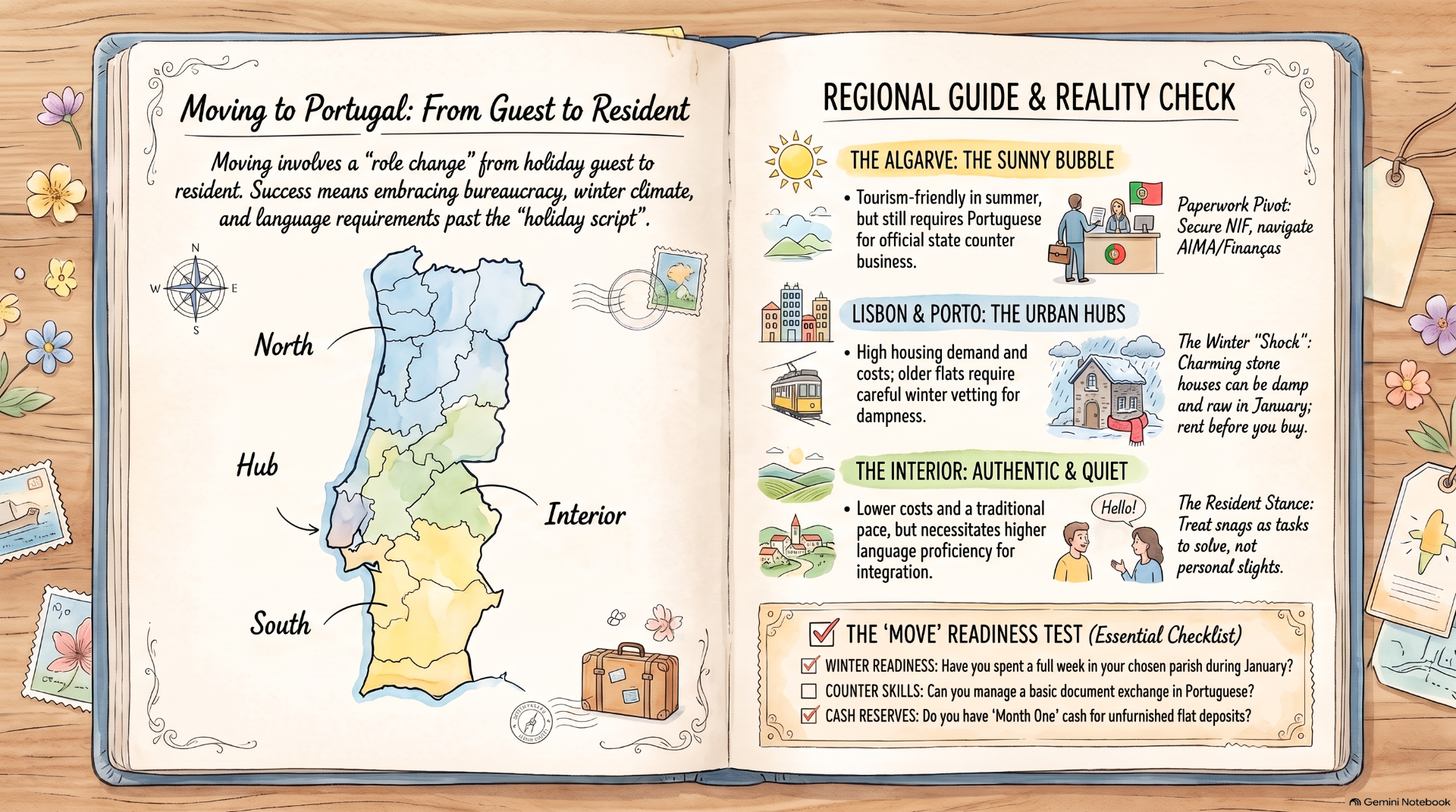 Open illustrated guidebook spread about moving to Portugal, with map and regional reality-check sections.