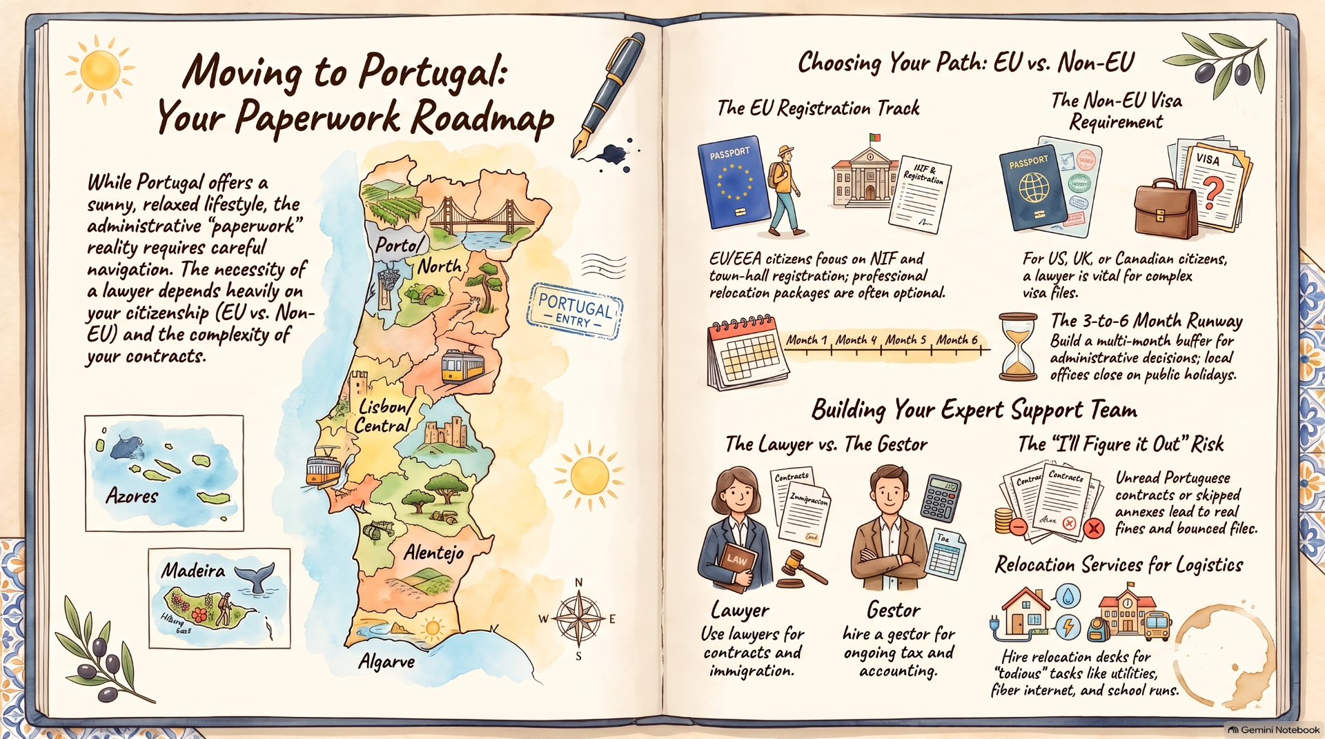 Illustrated open notebook page comparing Portugal paperwork steps, EU vs non-EU visas, and relocation support timelines.