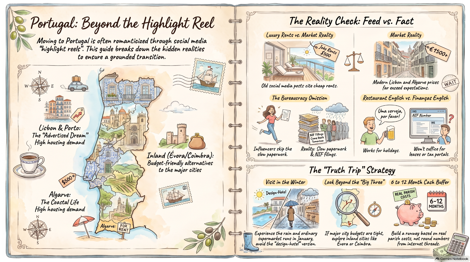 Hand-drawn infographic comparing Portugal housing realities, with map, rent myths, bureaucracy, and budgeting tips.