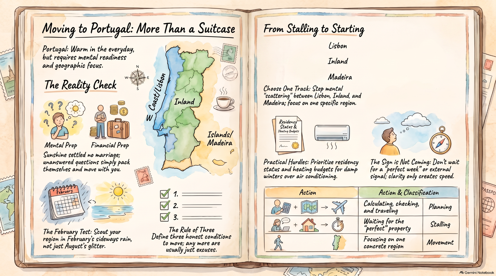 Open illustrated notebook spread about moving to Portugal, with map, icons, and headings “Moving to Portugal” and “From Stalling to Starting.”
