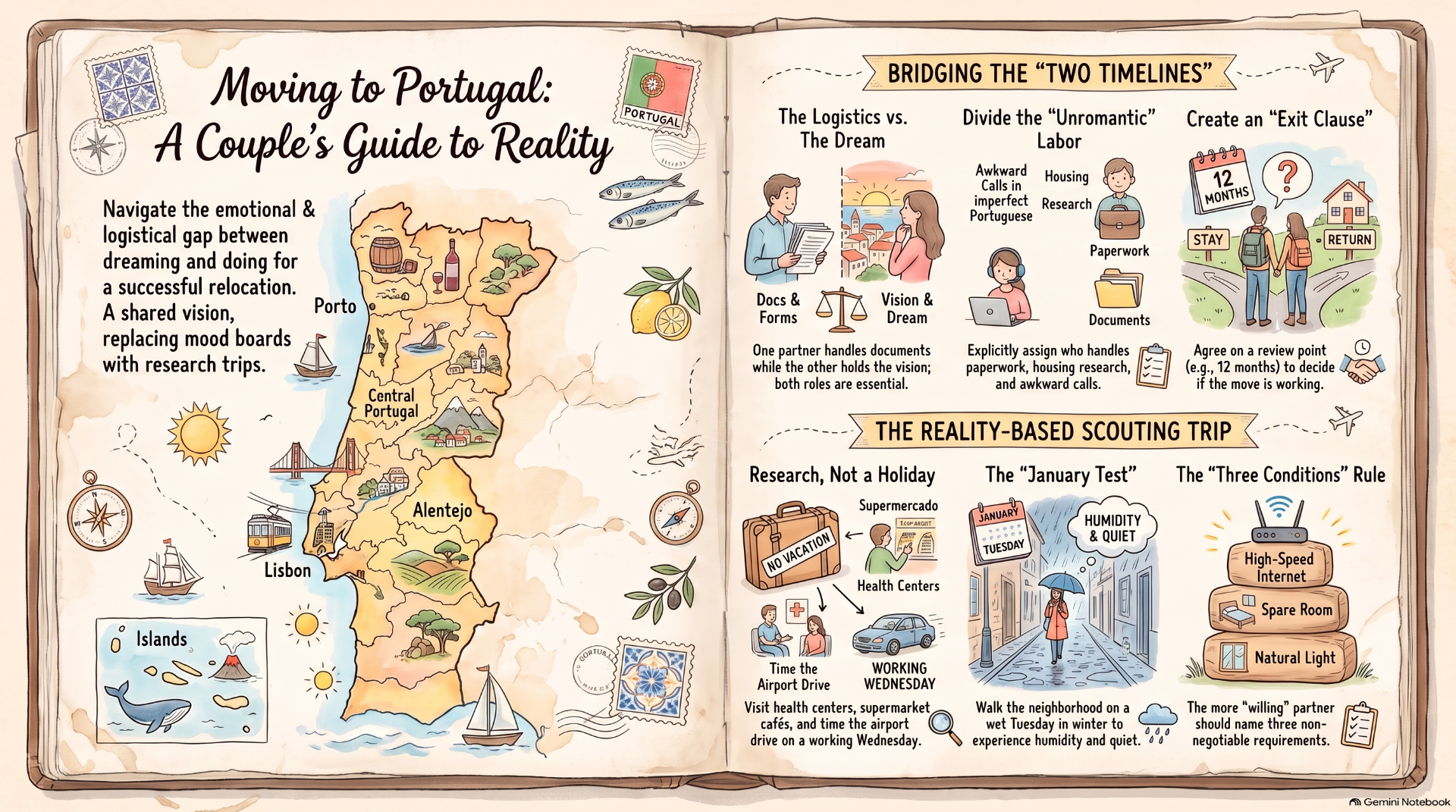 Hand-drawn infographic spread about moving to Portugal, showing map, logistics steps, and scouting trip tips.