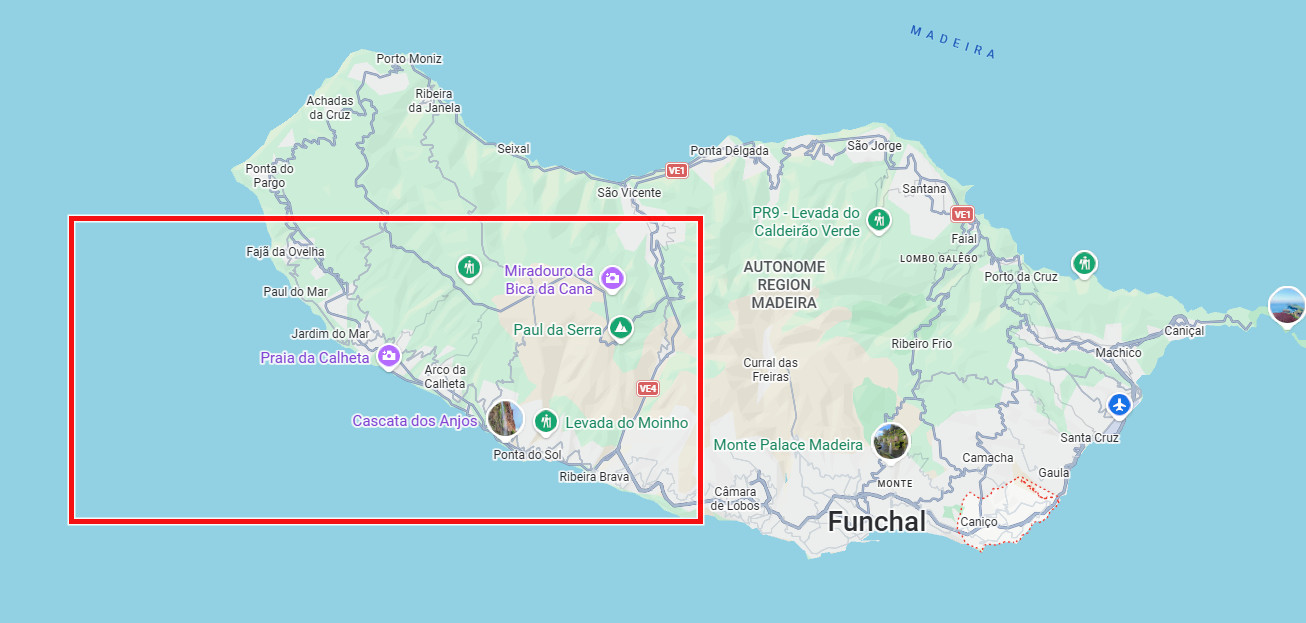 Karte der Insel Madeira mit markiertem Bereich um Funchal und Umgebung, inklusive Sehenswürdigkeiten und Routen.