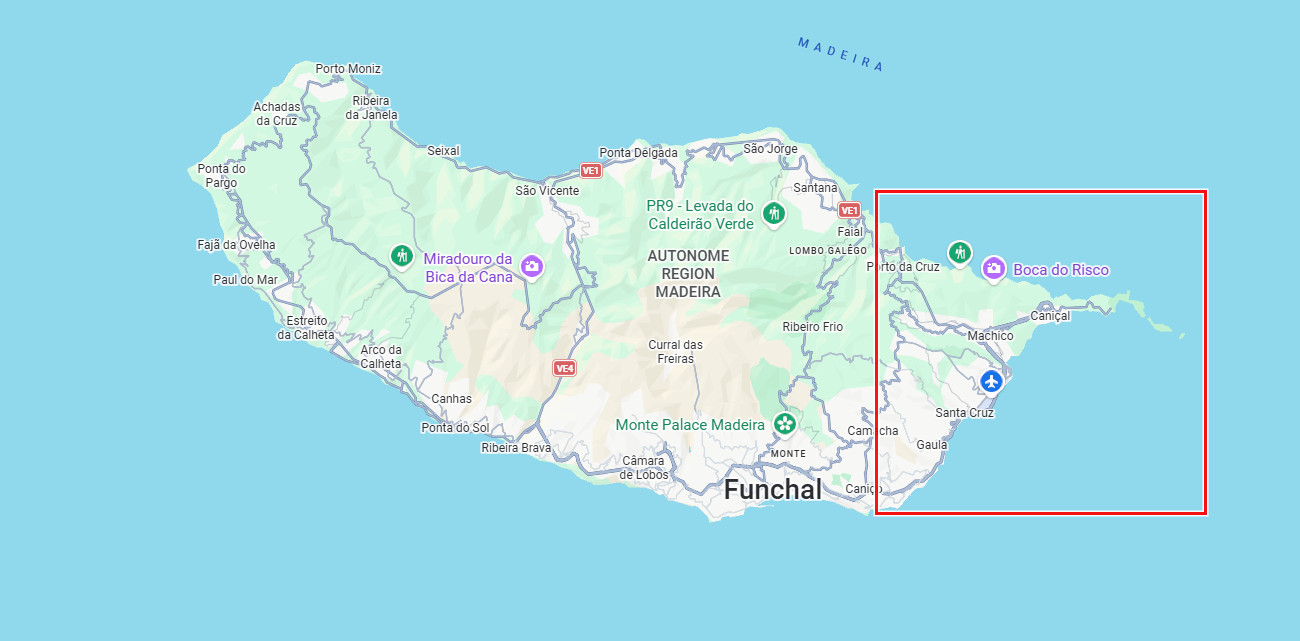Madeira Ostküste: Machico, Caniçal & São Lourenço - Karte von Madeira mit markiertem Bereich bei Funchal, Sehenswürdigkeiten und Ortsnamen, umrahmt in Rot.