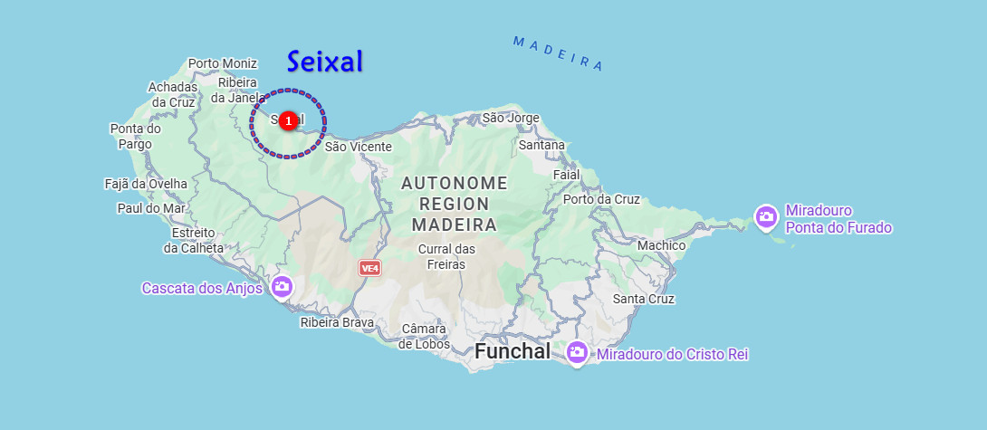 Karte der Autonomen Region Madeira mit markiertem Kreis bei Seixal und weiteren Sehenswürdigkeiten.