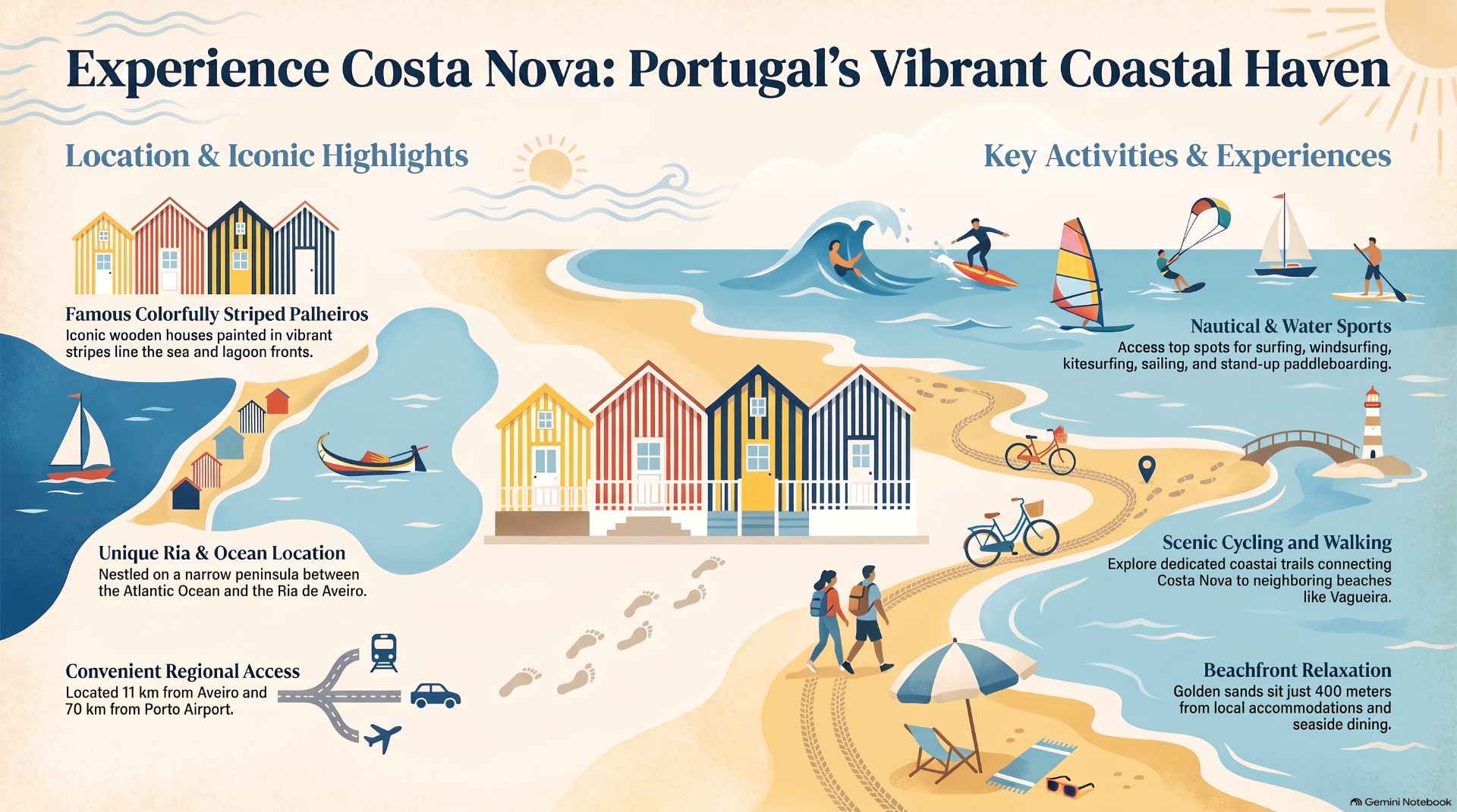 Illustrated coastal travel infographic showing colorful striped houses, beaches, waves, and water sports activities.