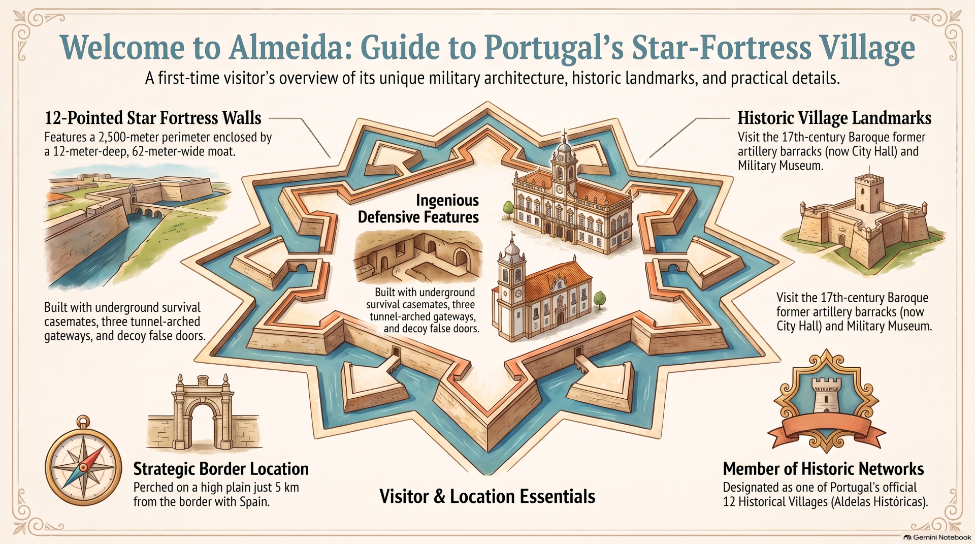 Illustrated map infographic of Almeida’s star fortress, moat, defensive features, and historic landmarks with labels.