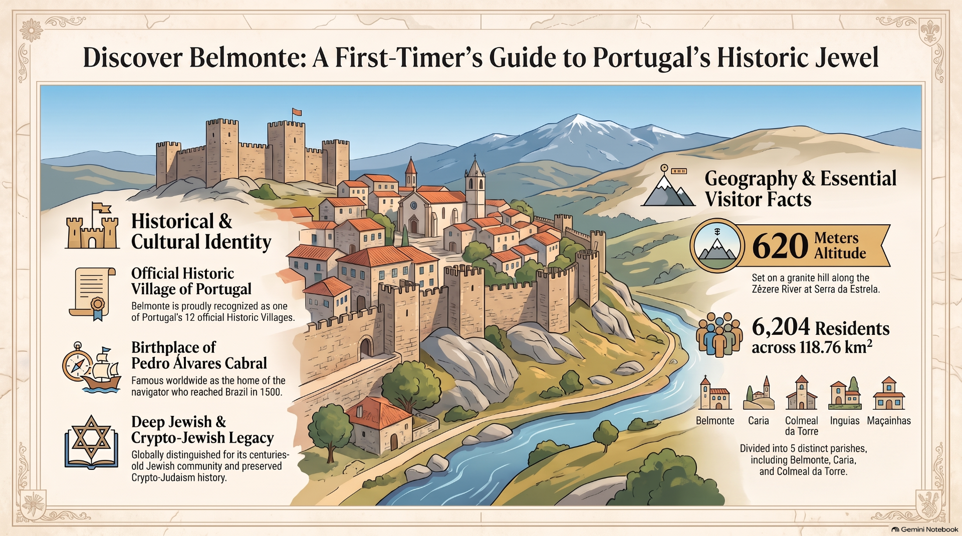 Illustrated infographic of Belmont, Portugal, with castle, river, mountains, and visitor facts like altitude and residents.