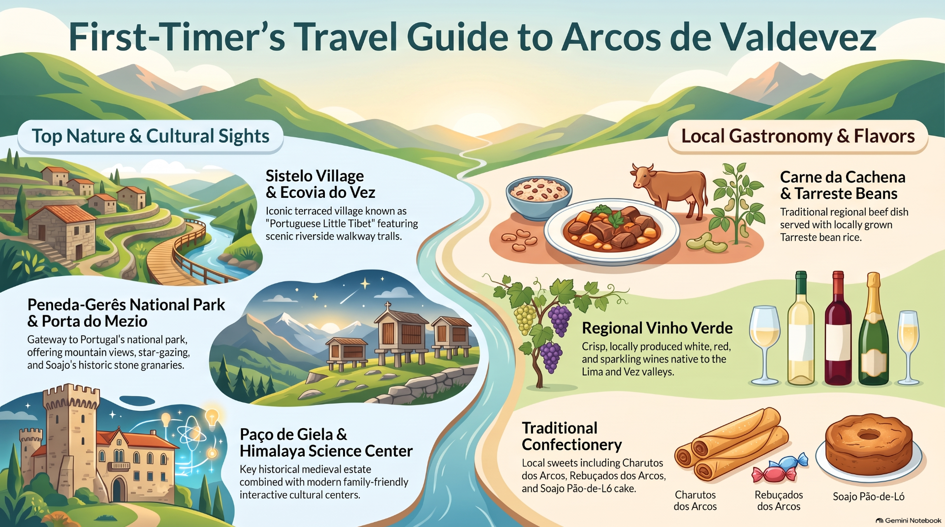 Colorful travel infographic showing Arcos de Valdevez highlights, landscapes, food, wine, and attractions with illustrated river.