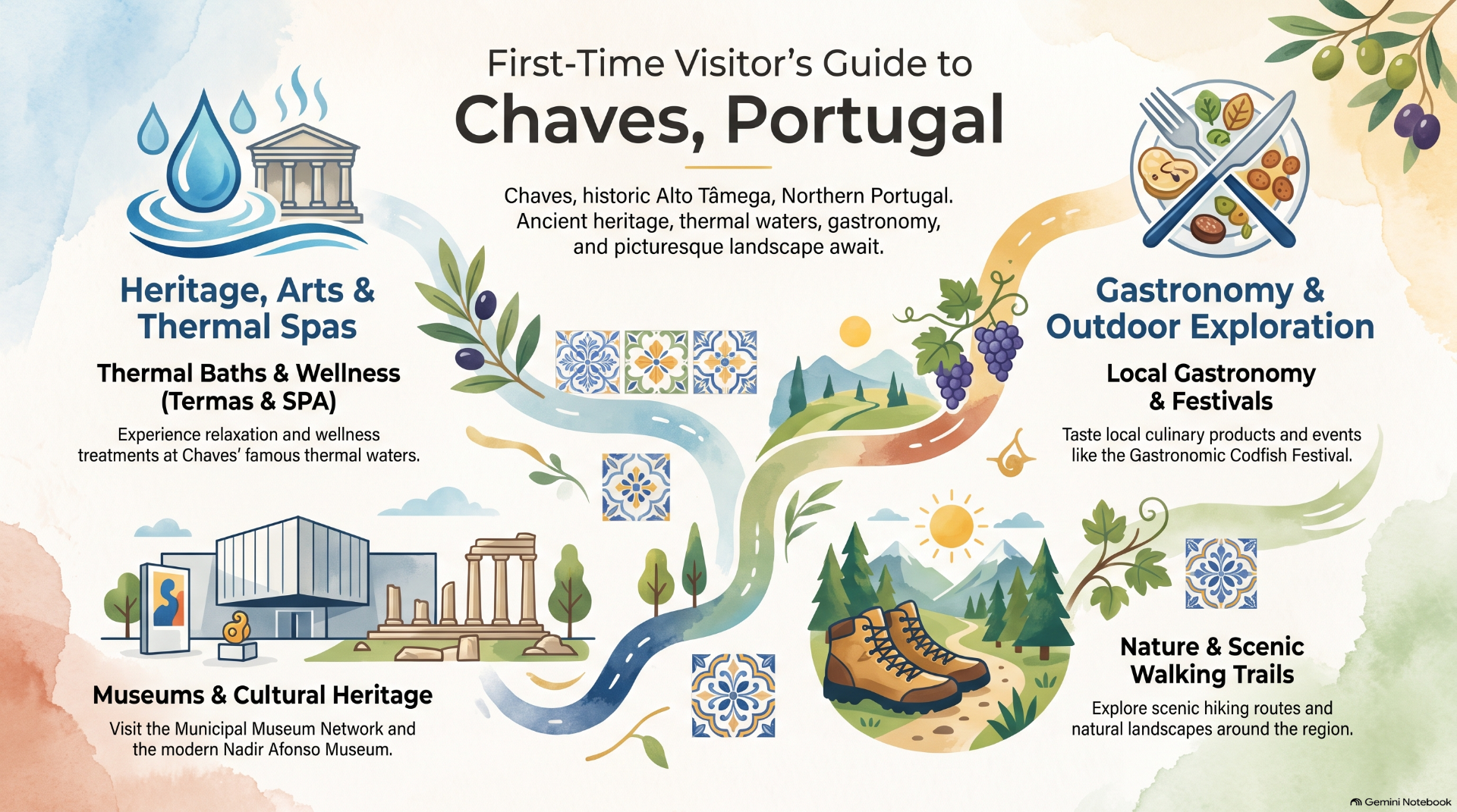 Illustrated travel guide banner for Chaves, Portugal, featuring thermal baths, food, trails, and cultural heritage icons.
