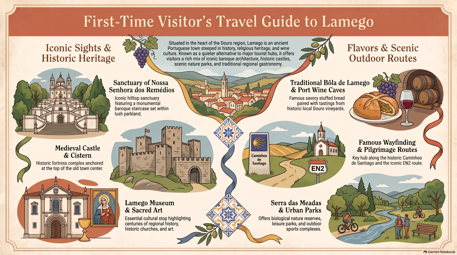 Travel guide infographic for Lamego, Portugal, featuring landmarks, wine caves, routes, parks, and scenic illustrations.