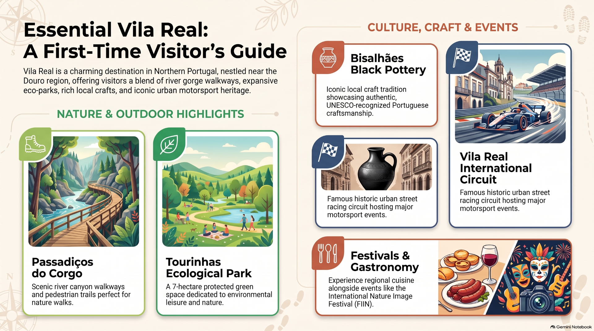 Travel guide infographic for Vila Real featuring nature, crafts, festivals, and international motorsport circuit highlights.