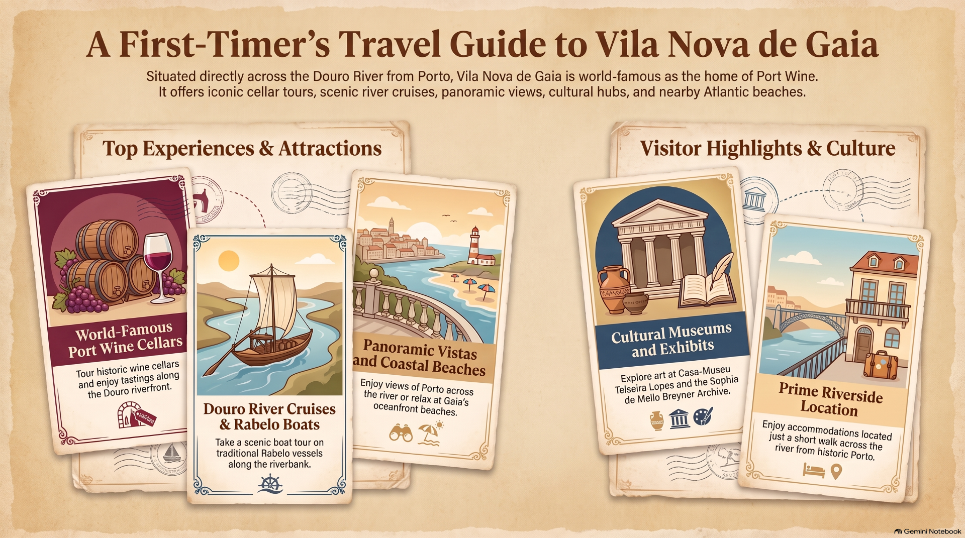 Travel guide graphic for Vila Nova de Gaia with illustrated cards on wine, cruises, culture, and location.