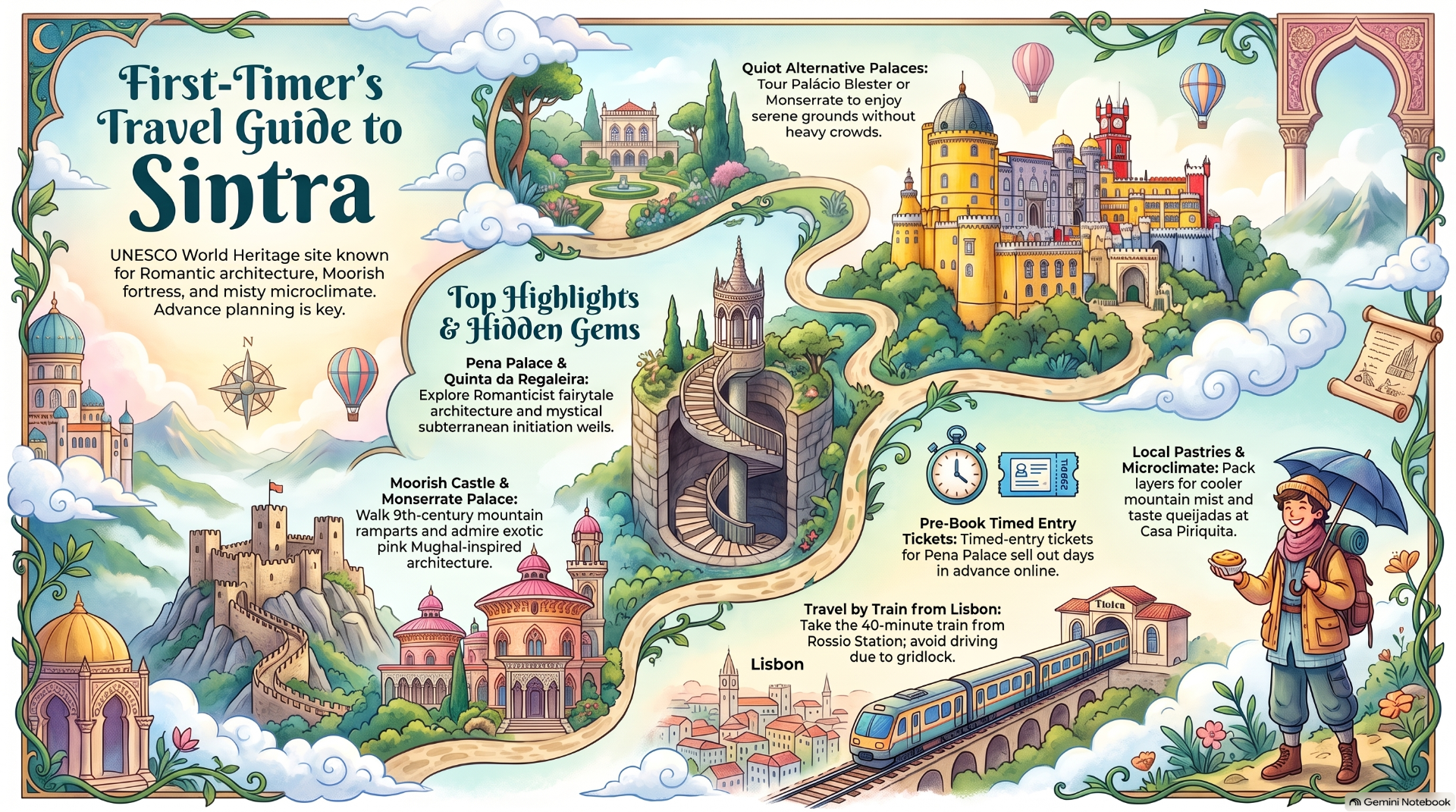Colorful illustrated travel guide poster for Sintra, featuring castles, winding roads, clouds, and train travel tips.