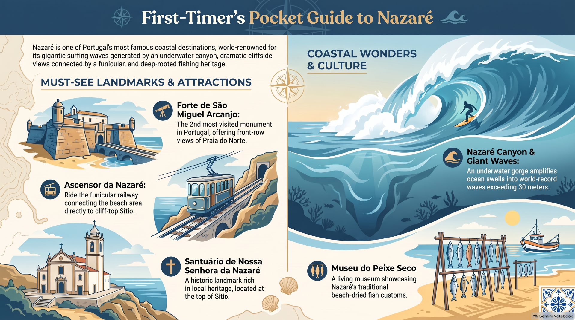 Illustrated travel guide for Nazaré featuring landmarks, funicular tram, and massive ocean waves.