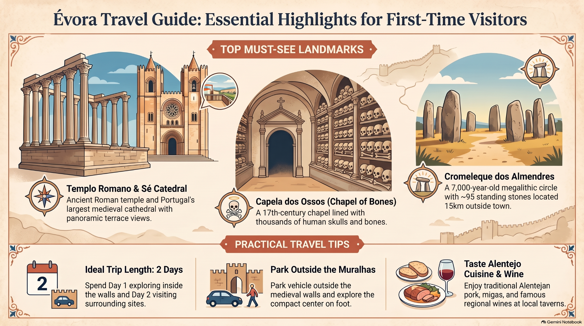 Travel infographic highlighting Évora landmarks, including Roman temple, Chapel of Bones, and Cromeleque dos Almendres.