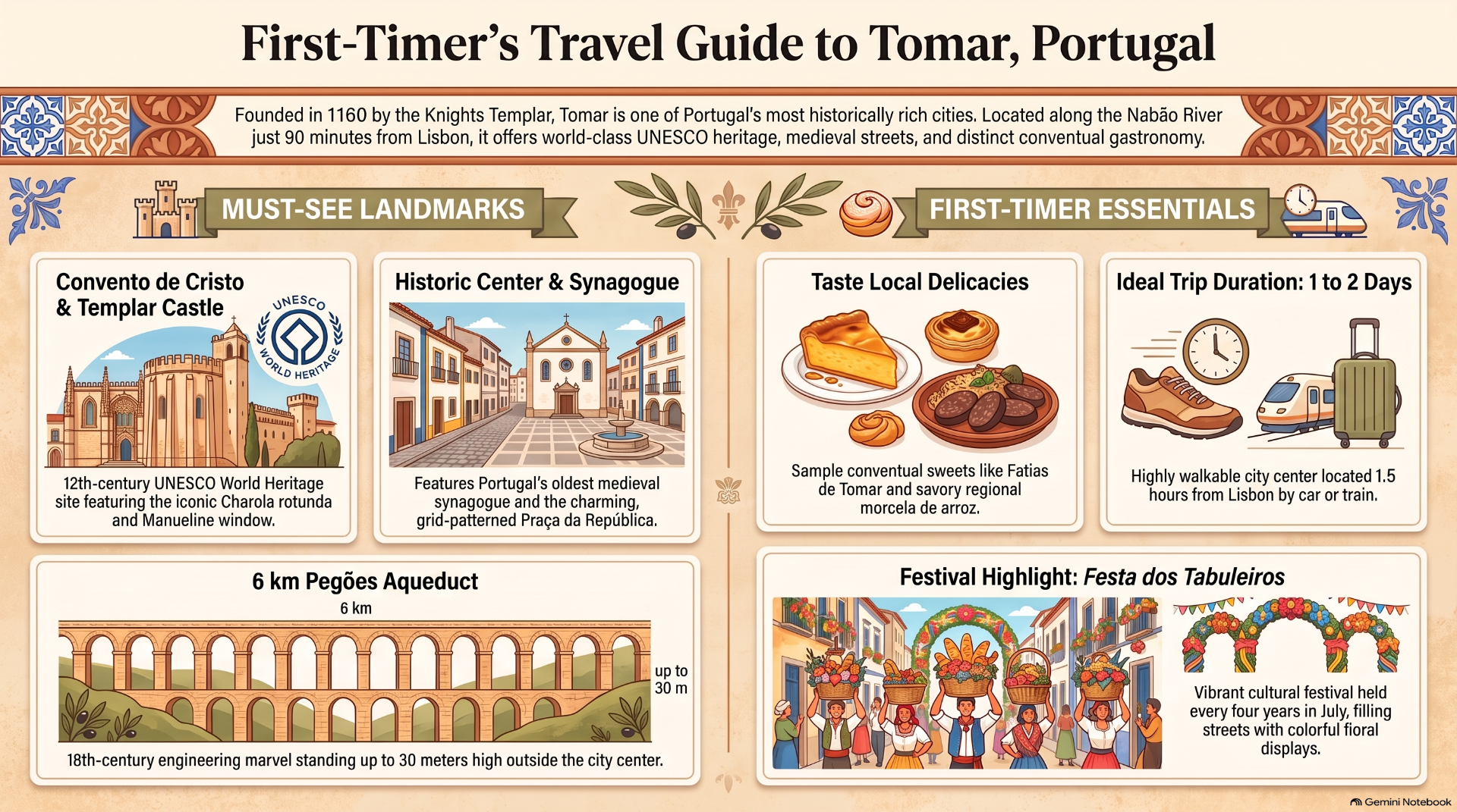 Travel guide infographic for Tomar, Portugal, featuring landmarks, food, transport, and festival illustration panels.