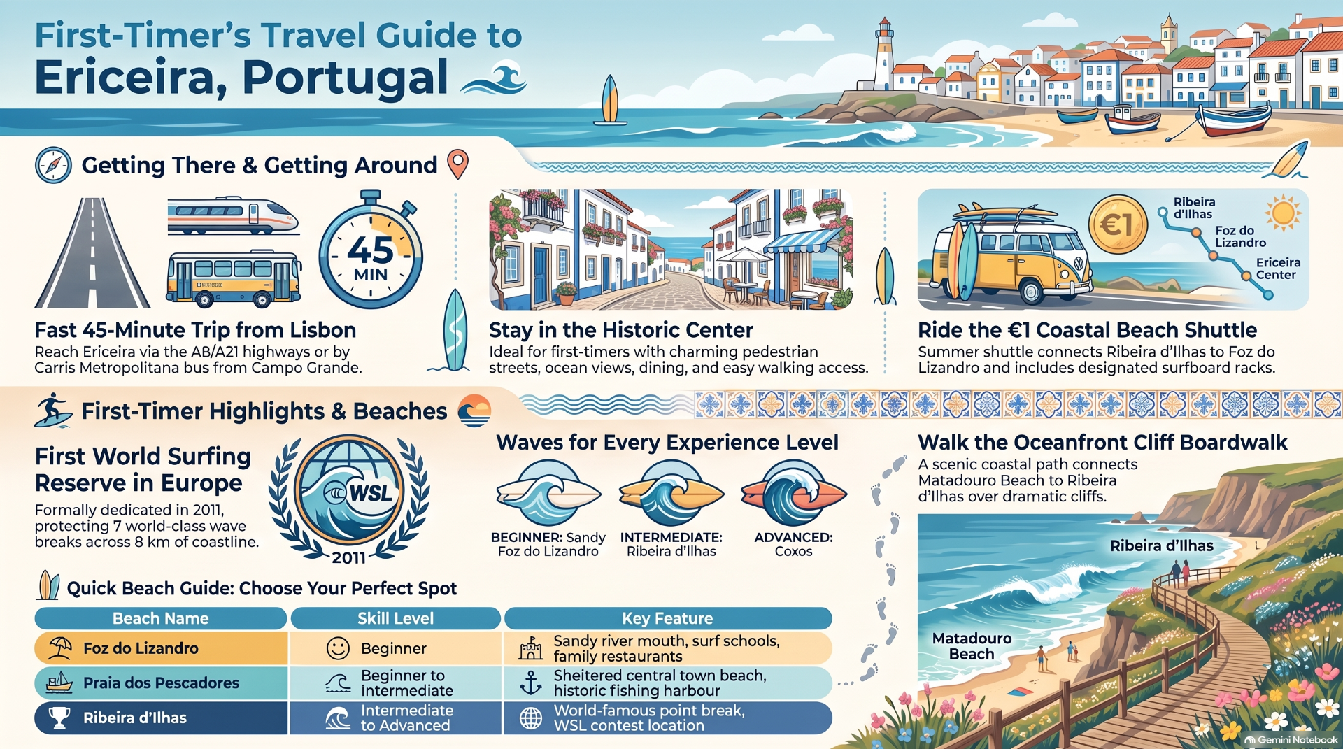 Travel infographic for Ericeira, Portugal, showing beaches, shuttle, surfing levels, and coastal boardwalk illustrations.