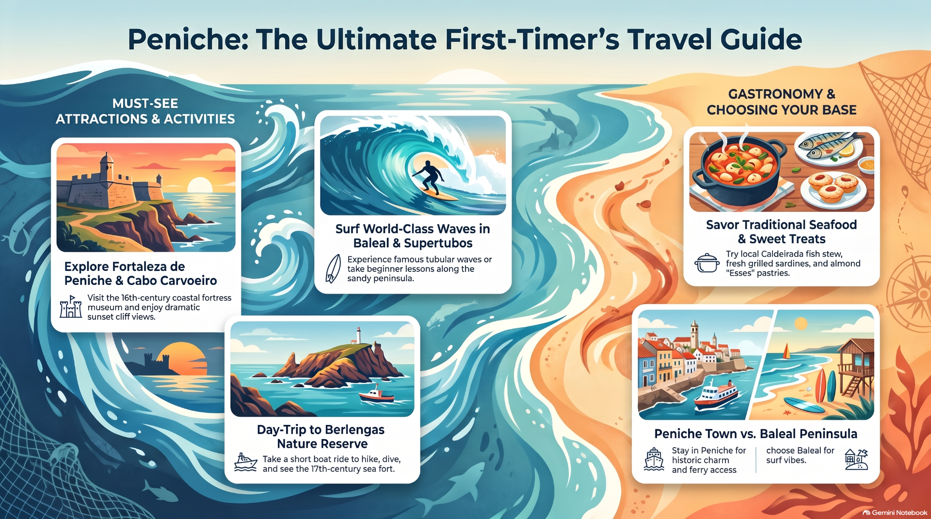 Travel guide banner for Peniche with ocean waves, beaches, and cards about surfing, food, and attractions.