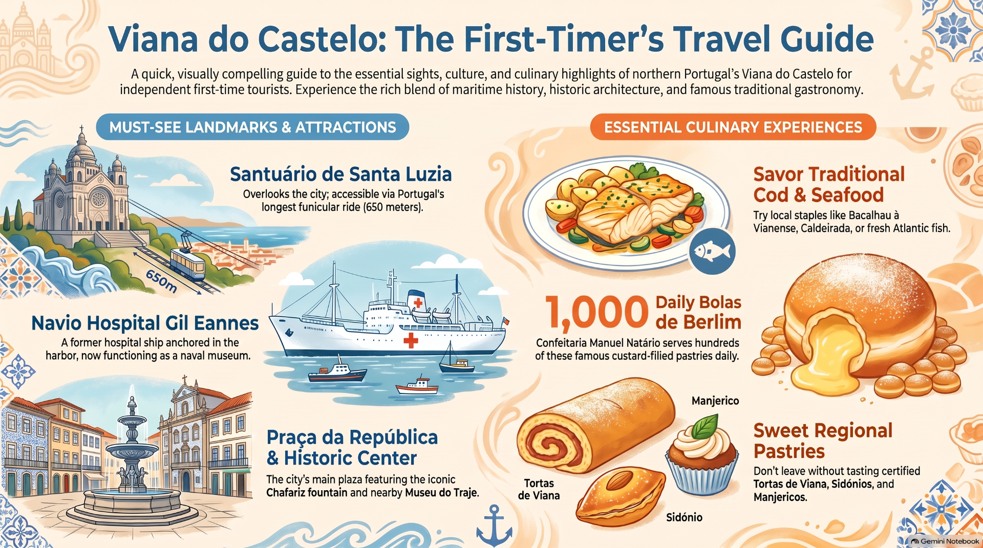 Colorful travel infographic for Viana do Castelo featuring landmarks, ships, and Portuguese food highlights.