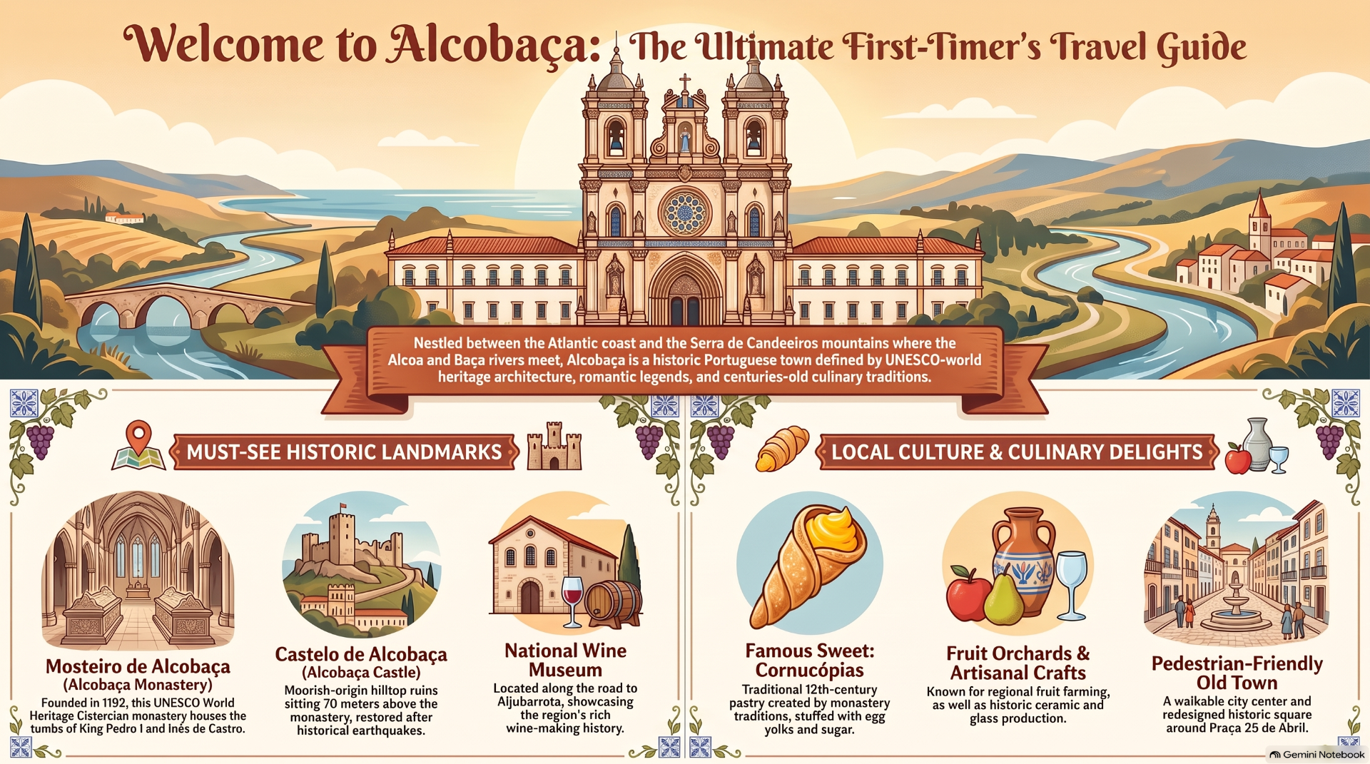 Illustrated travel guide banner for Alcobaça with church, river landscape, and landmark food icons.