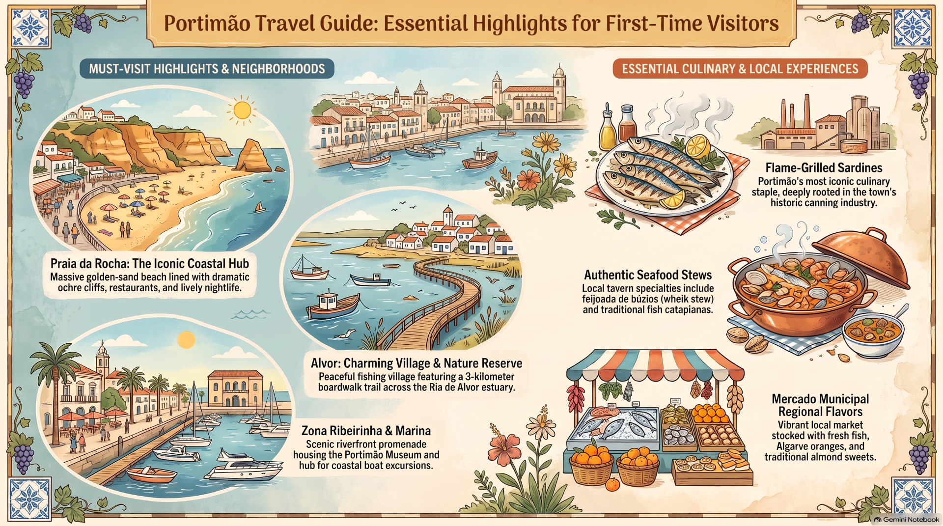 Colorful travel guide illustration for Portimão featuring beaches, boats, landmarks, and seafood dishes.