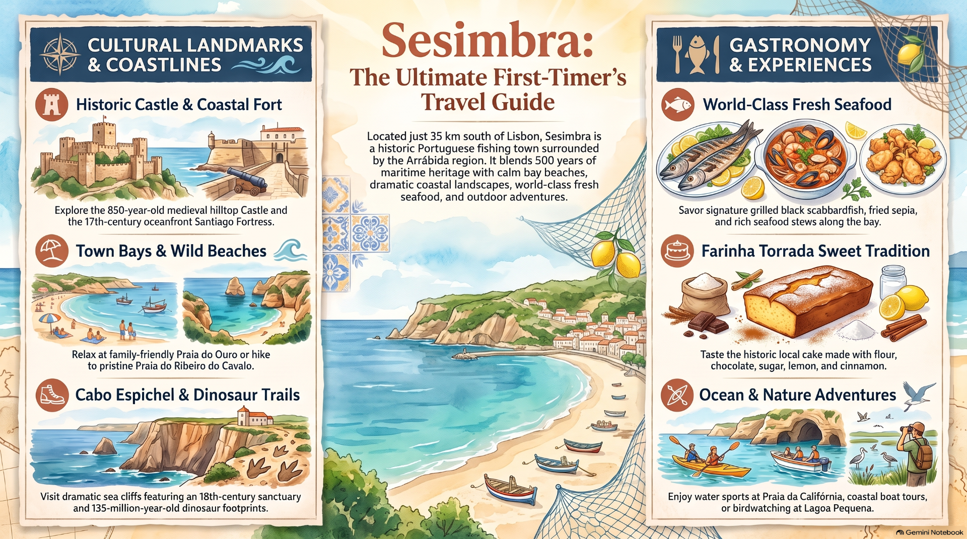 Colorful travel guide poster for Sesimbra, featuring coastal landmarks, seafood dishes, beaches, and nature adventures.