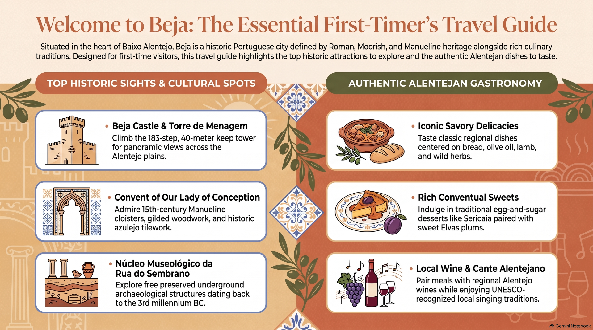 Travel guide banner for Beja, Portugal, featuring cultural highlights and Alentejan food illustrations and text.