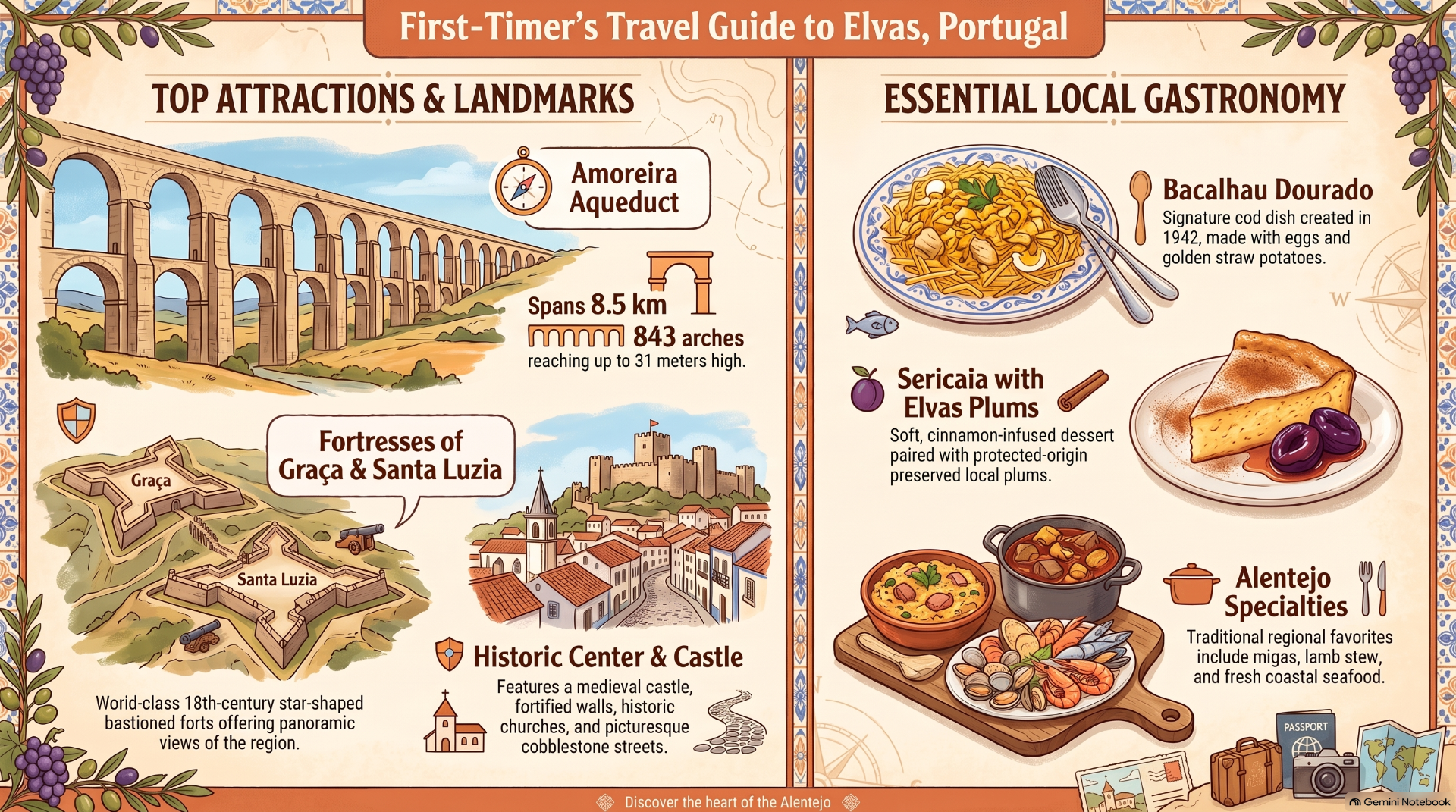 Travel infographic showing Elvas landmarks and Portuguese dishes, including Amoreira Aqueduct and bacalhau, with decorative grapes.