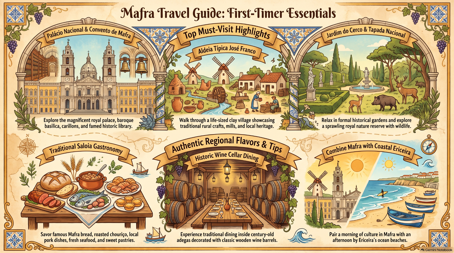 Travel guide banner for Mafra featuring palace, village, gardens, wine cellar, food, and coastal Ericeira scenes.
