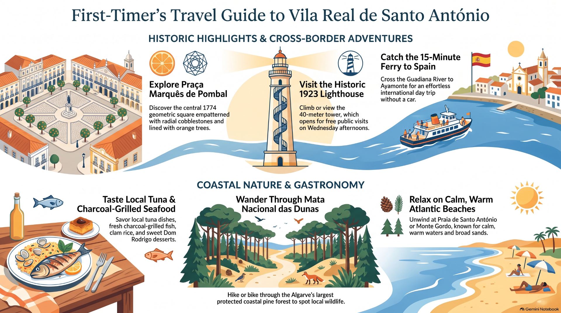 Travel infographic featuring Lisbon square, lighthouse, ferry to Spain, beaches, food, and coastal nature highlights.