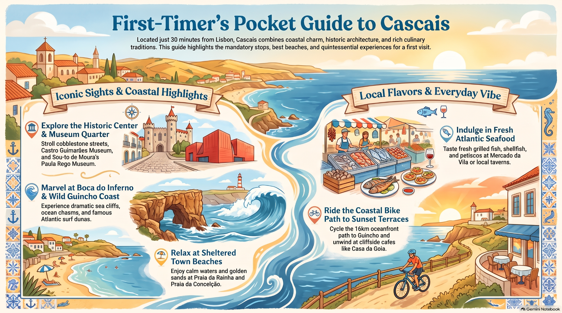 Illustrated travel guide for Cascais with coastline, landmarks, seafood market, and cyclist on scenic path.