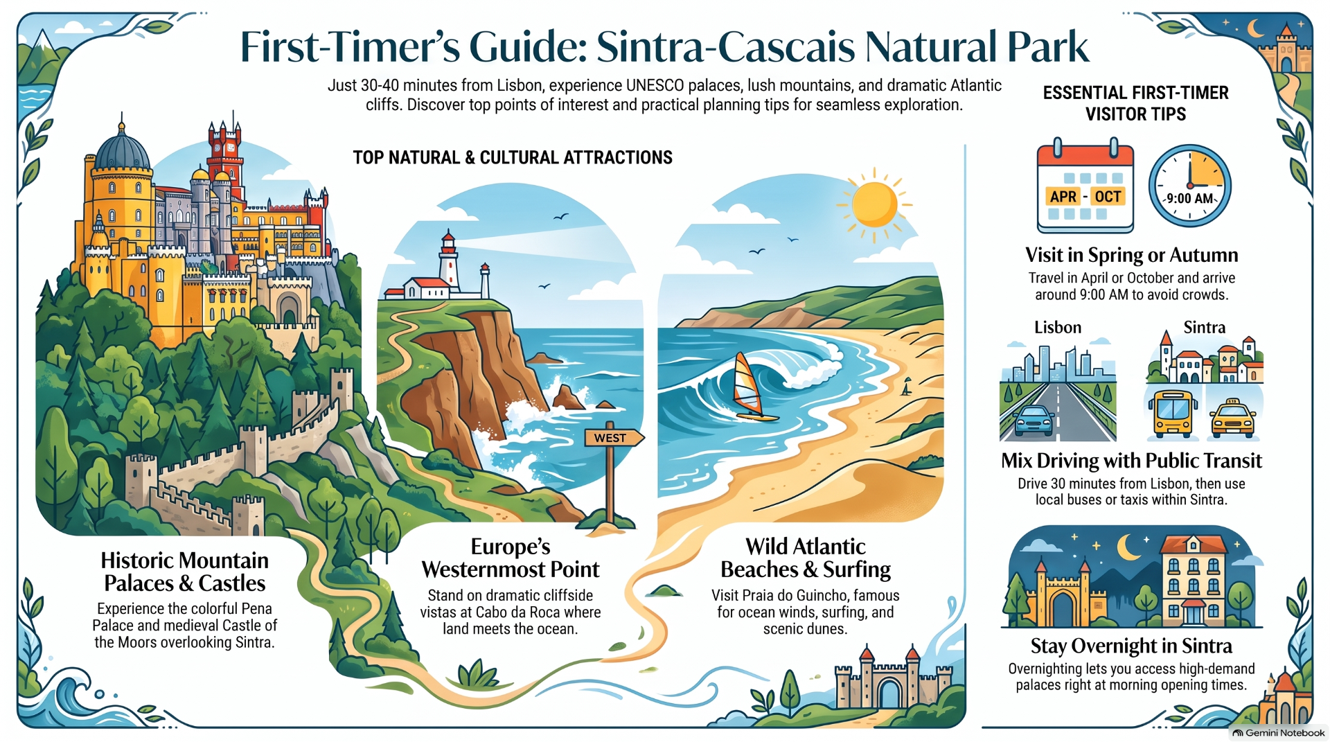 Colorful travel infographic for Sintra-Cascais Natural Park, showing castles, beaches, and first-timer visitor tips.