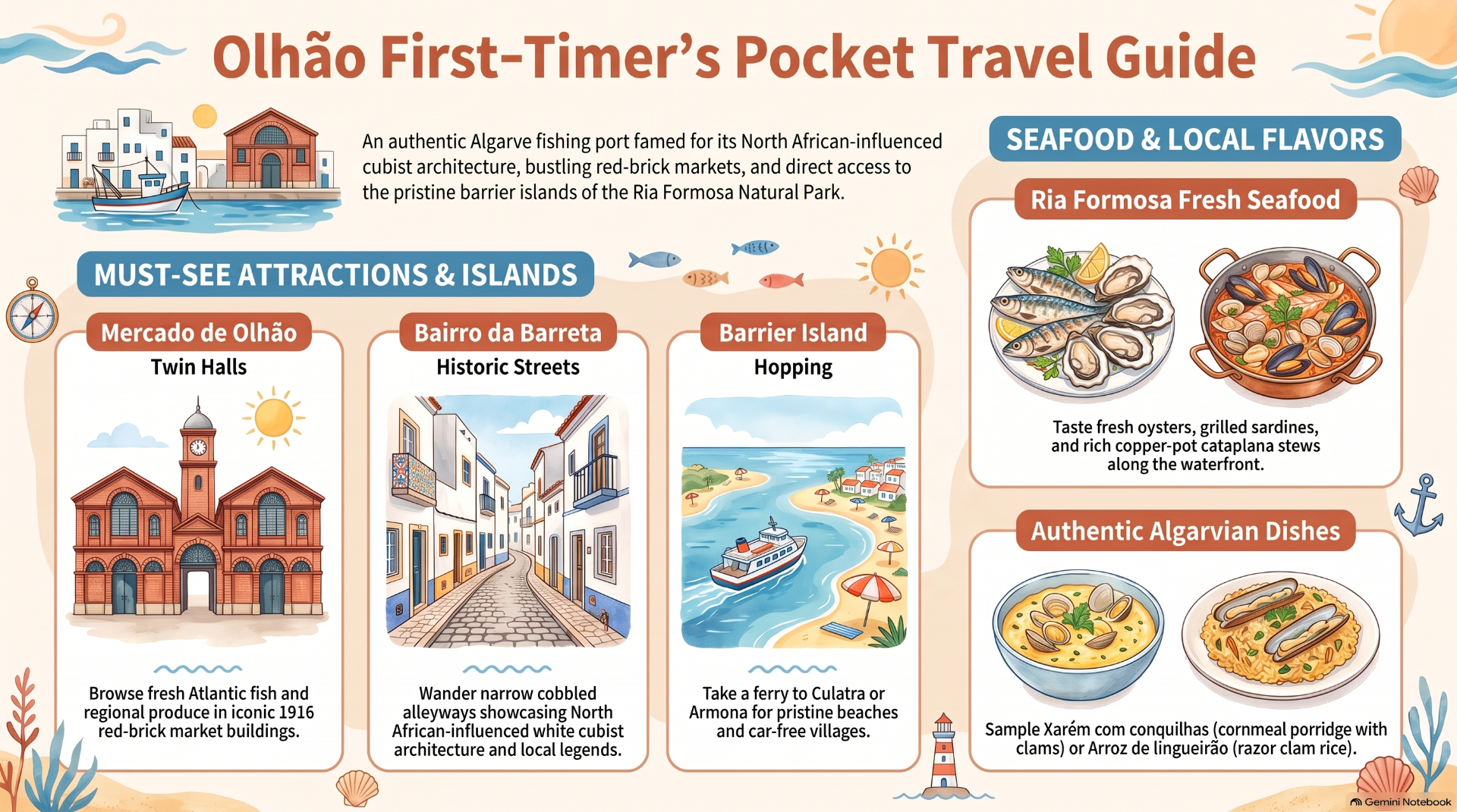 Travel guide infographic for Olhão, featuring seafood, markets, islands, and illustrated dishes and streets.