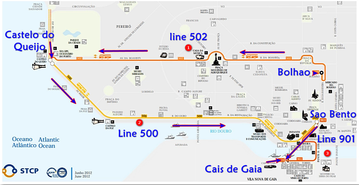 Map showing Porto transit routes Line 500, 502, and 901 with labeled landmarks like São Bento.