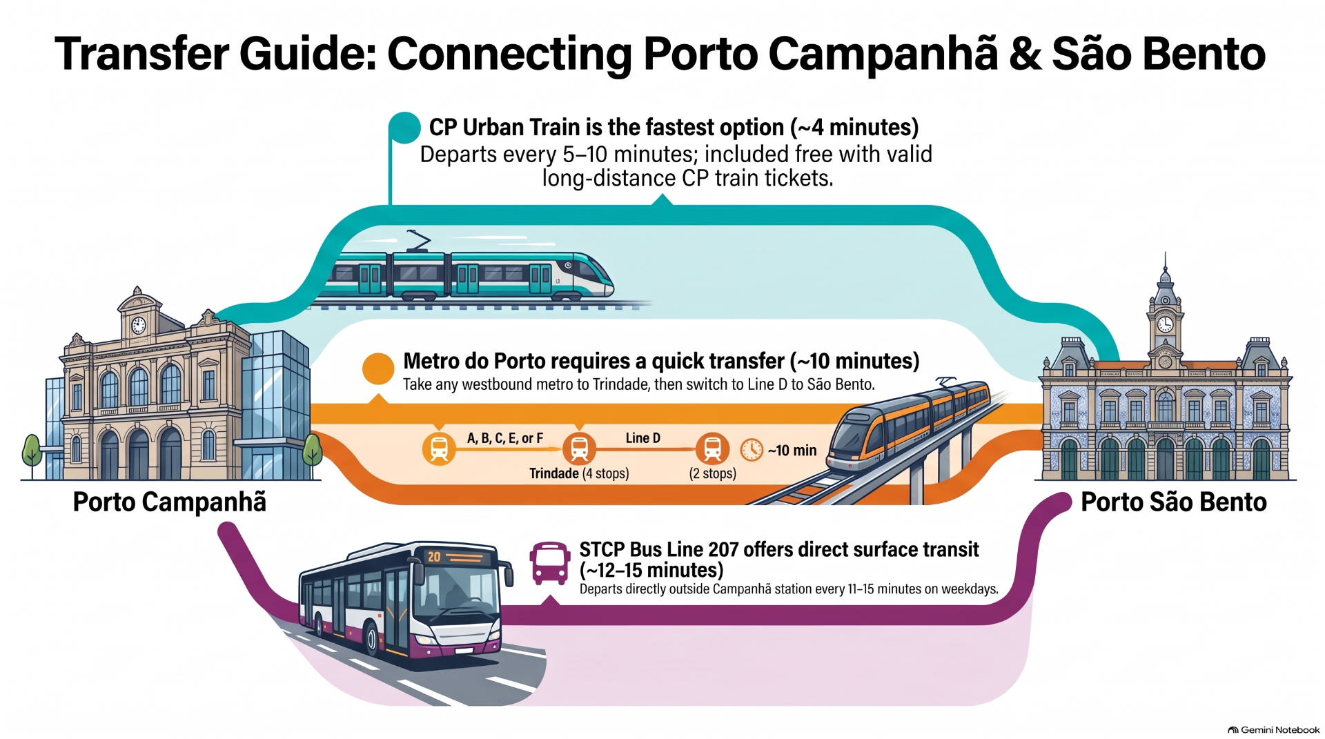 Transfer guide infographic showing trains, metro lines, and buses connecting Porto Campanhã and Porto São Bento.