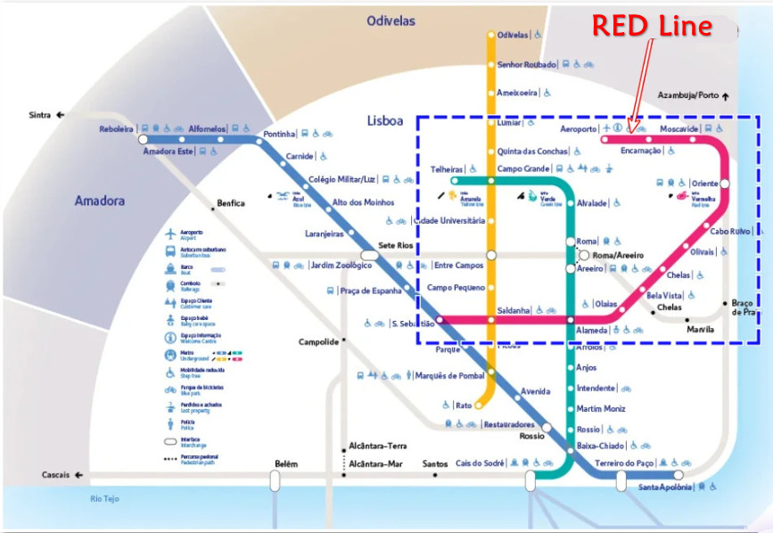Lisbon Metro. red line - Transit map of Lisbon with highlighted red line route from Moscavide to Odivelas, plus other colored lines.